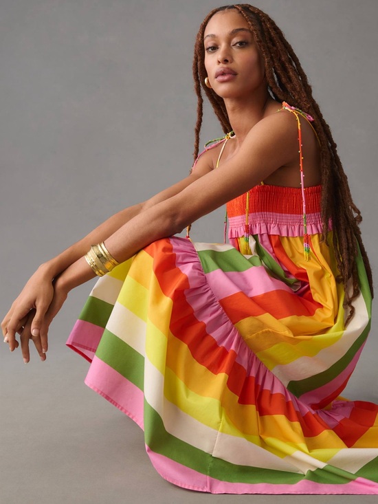 FARM Rio Dresses & Skirts - FARM Rio Mixed Neon Striped Smocked Tiered Midi Dress Size M NWOT